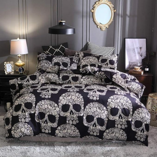 ZHH E-COMMERCE Duvet Cover Set Queen Size - Skull Skeleton 3 Pcs Comforter Cover Set for Adults and Kids, Gothic Horror Bedding Set with 1 Quilt Cover and 2 Pillowcases, for Bedroom Bed Decor