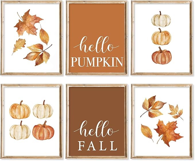 JarThenaAMCS 6Pcs Fall Wall Art Prints Watercolor Pumpkin Maple Leaves Art Poster UNFRAMED Rustic Autumn Modern Wall Decor for Thanksgiving Home Gallery (Canvas 8 x 10 Inch)