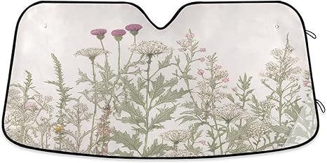 xigua Vintage Colorful Herbs Wild Flowers Floral Car Windshield Sunshade Foldable Front Window Sun Visor Protector for Car,SUV,Truck - Keep Vehicle Cool,55 x 27.6 Inch