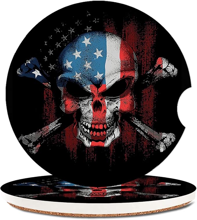 Removable Ceramic Cup Holders Car Coasters for Women/Men,Cool Absorbent Drink Cup Car Holder Coasters Auto Accessories with A Finger Notch 2.56" Pack of 2,American Flag Skull