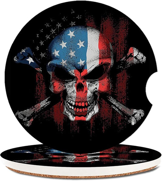 Removable Ceramic Cup Holders Car Coasters for Women/Men,Cool Absorbent Drink Cup Car Holder Coasters Auto Accessories with A Finger Notch 2.56" Pack of 2,American Flag Skull