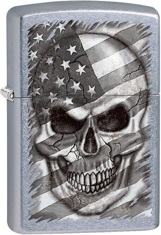 Zippo Lighter: Skull and American Flag in Grey - Street Chrome 80804