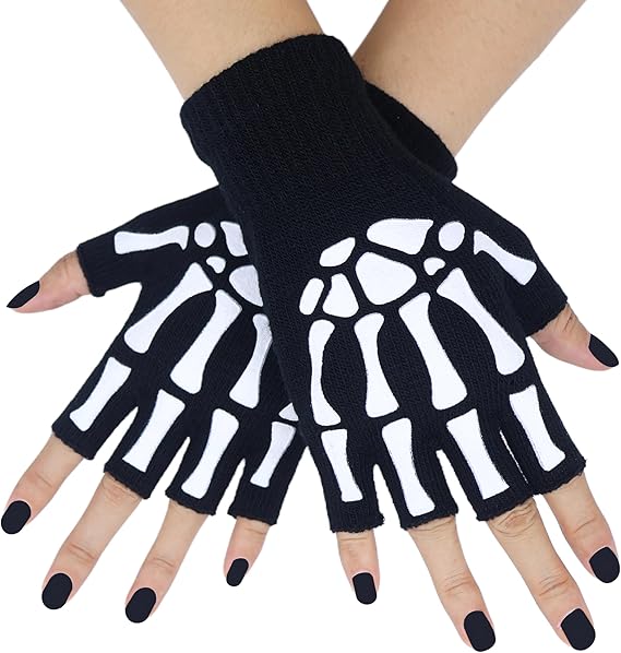 Skeleton Fingerless Gloves for Men Women, Halloween Costume Skull Bone Gloves Glow in The Dark Ghost Halloween Costume Accessories