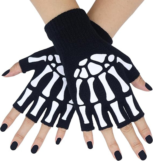 Skeleton Fingerless Gloves for Men Women, Halloween Costume Skull Bone Gloves Glow in The Dark Ghost Halloween Costume Accessories