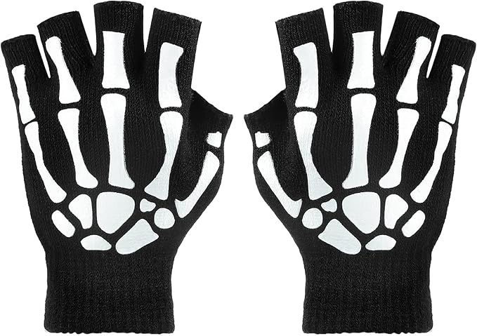 Tatuo 3 Pairs Skeleton Fingerless Glove Glow in the Dark Glove for Kid Adult Halloween(Large)