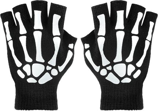 Tatuo 3 Pairs Skeleton Fingerless Glove Glow in the Dark Glove for Kid Adult Halloween(Large)