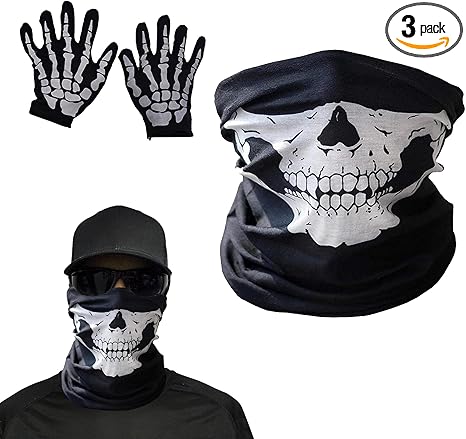 Jewkot 3 PCS Riding Equipment Skull Head Cover + Ghost Gloves, Multifunctional Sports Facial Decorative Accessories, Outdoor Protective Mask, Universal for Most Cars (Black)