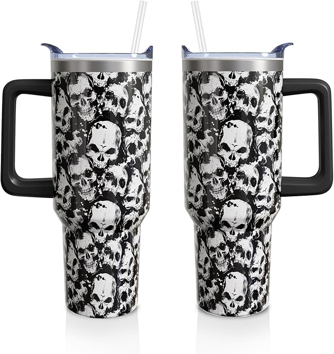 Skull Halloween Gifts for Women Men, Goth Horror Stainless Steel Insulated Travel Coffee Cup, 40 Oz Tumbler with Handle and Straw, Holiday Birthday Water Bottle (1 PC)
