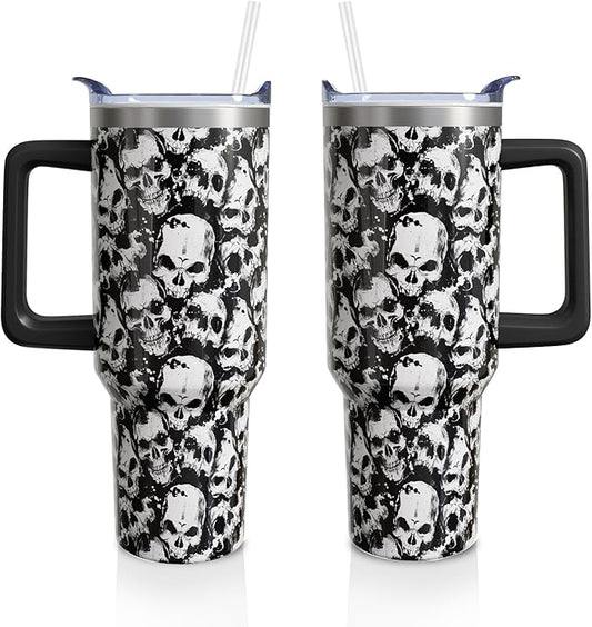 Skull Halloween Gifts for Women Men, Goth Horror Stainless Steel Insulated Travel Coffee Cup, 40 Oz Tumbler with Handle and Straw, Holiday Birthday Water Bottle (1 PC)