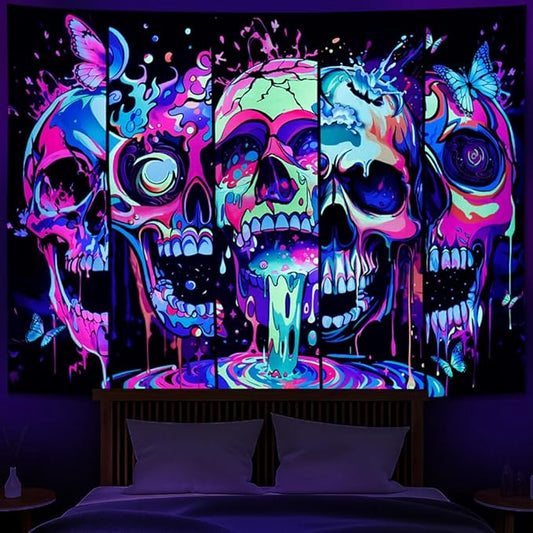 Heopapin Blacklight Skull Art Tapestry UV Reactive Neon Skeleton Butterfly Tapestries Trippy Blacklight Horror Face Wall Hanging Tapestry Halloween Aesthetic Wall Decor Tapestries for Home W78×H59