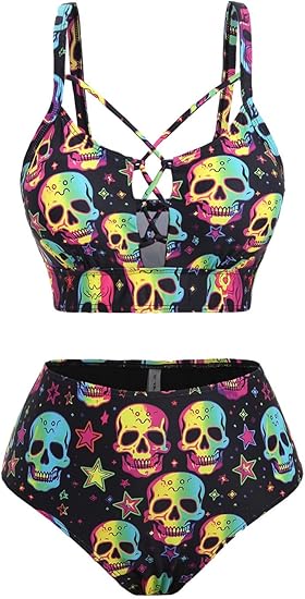 Rosegal Women Plus Size Goth Bikini Set Skulls Stars Print Strappy High Waisted Swimsuits