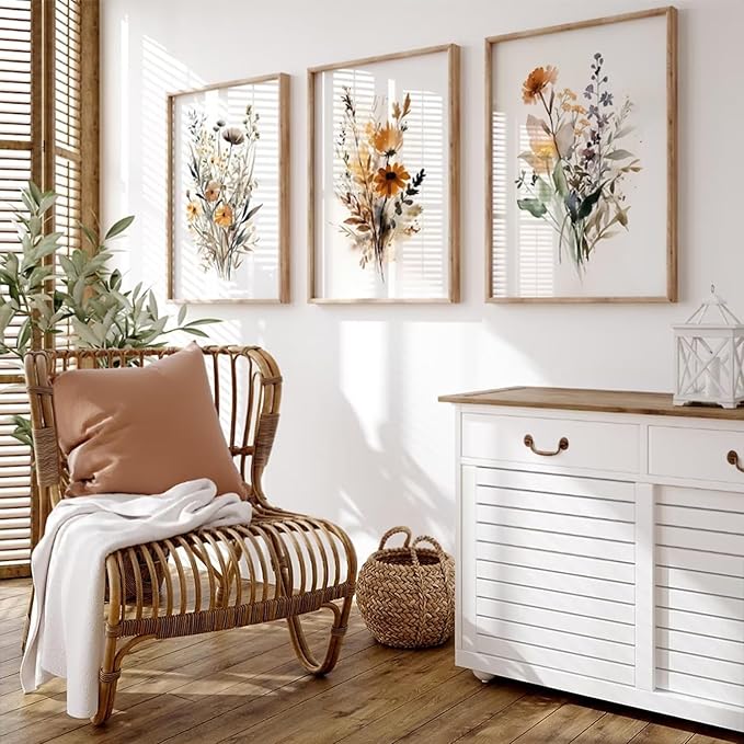 Baccone Botanical Wall Art Set of 3 Floral Wall Decor Prints Vintage Canvas Wall Art Wildflower Watercolor Pictures Farmhouse Artwork Floral Modern Painting for Bathroom Bedroom 16x24 Inch Unframed