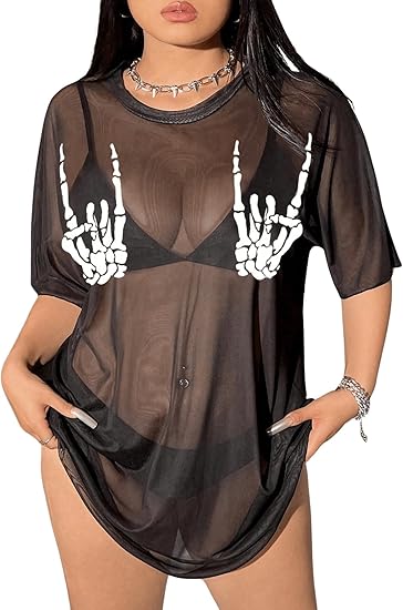 Women's Plus Size Skull Half Sleeve Swimwear Sheer Mesh Coverup Dress