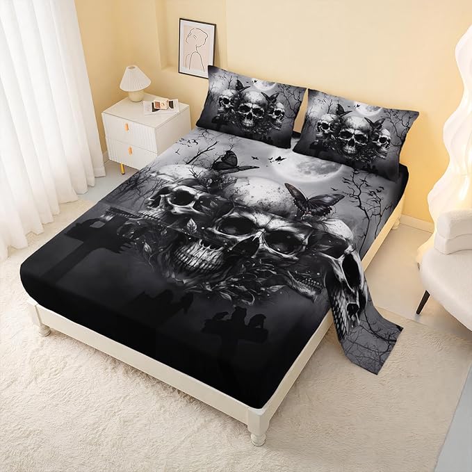 AILONEN Goth Skull Bedding Set King Size for Boys,Kids Black Skull Fitted Sheet + Flat Sheet + 2 Pillowcases,16" Deep Pocket Terror Death Moth Skeleton Bed Sheet Set