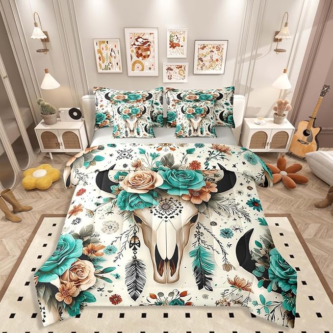 Erosebridal Western Bedding Set 7-Piece Queen Size Cowboy Comforter Set with Sheets | Cow Bull Skull Bed in A Bag with Flat Fitted Sheet for Kids Boys Girls Western Boho Floral Bedding Collections