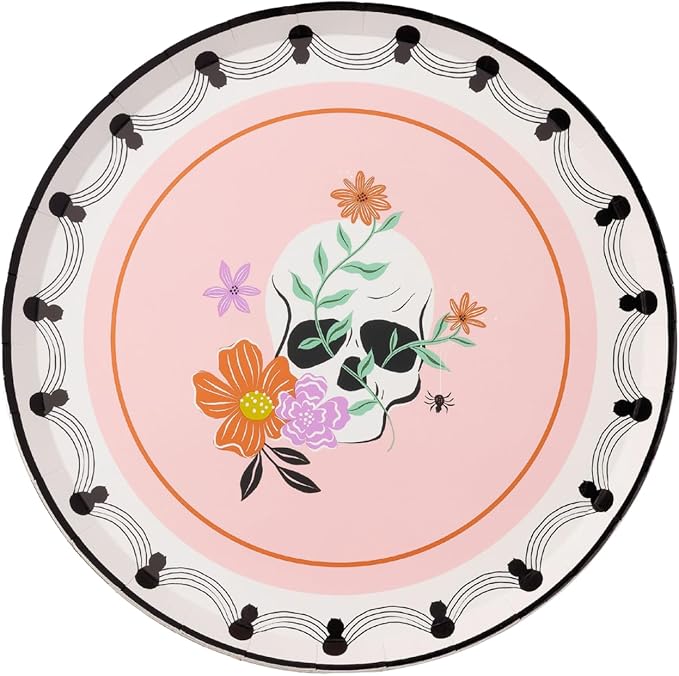 Bonjour Fete Floral Halloween Skulls & Spiders Dessert Plates | Disposable Dessert Plates | Premium Party Supplies | Halloween Parties, Till Death Do Us Part | Pack of 8, 8" D