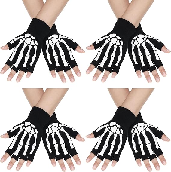 Skeleton Fingerless Gloves for Men Women Winter Half Finger Skull Goth Bone Hand Glove Unisex Skeleton Gloves