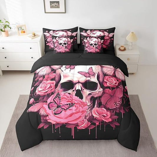 Erosebridal 7 Piece Rose Skull Comforter Set Queen Size,Gothic Bed in A Bag for Kids Girls Women,Rose Butterfly Bedding Set Goth Skull Bed Sheets with Comforter