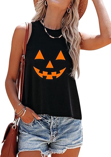 Women's Funny Halloween Skeleton Pumpkin Skull Graphic Sleeveless Tank Top Shirts