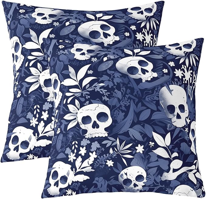 Feelyou Sugar Skull Throw Pillow Covers 20"x20" Set of 2 Soft Gothic Skull Pillow Case Cushion Cover Flroal Throw Pillowcase for Sofa Halloween Themed Blue Cushion Case