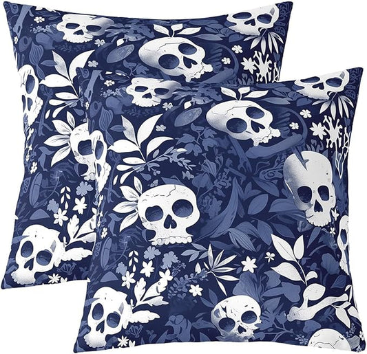 Feelyou Sugar Skull Throw Pillow Covers 20"x20" Set of 2 Soft Gothic Skull Pillow Case Cushion Cover Flroal Throw Pillowcase for Sofa Halloween Themed Blue Cushion Case