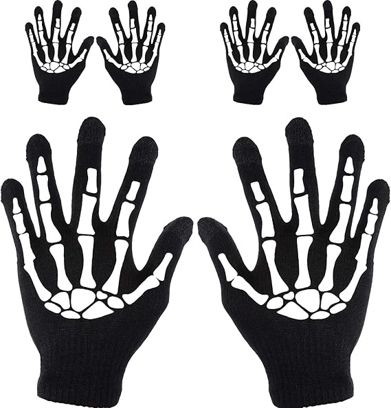 3 Pairs Skeleton Gloves for Women Men - Full Finger Winter Skull Stretch Knitted Mechanic Gloves for Christmas Party Costume - Black
