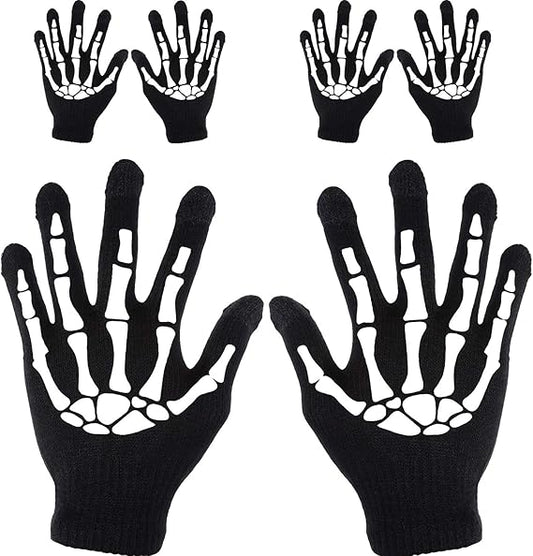 3 Pairs Skeleton Gloves for Women Men - Full Finger Winter Skull Stretch Knitted Mechanic Gloves for Christmas Party Costume - Black