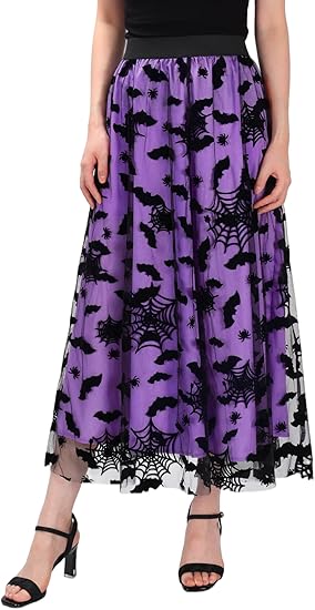 Halloween Tulle Skirt for Women Velvet Bats Pumpkin Skull Dress High Elastic Waist Double-Layered Mesh Midi Skirt