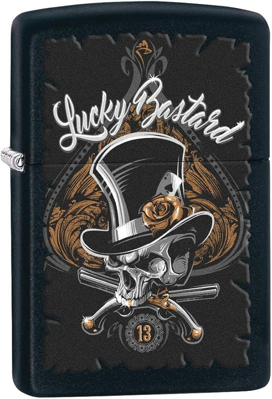 Zippo Lighter: Lucky Bastard Skull - Black Matte 80196