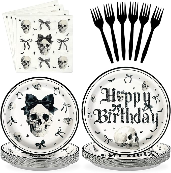 Grencian 96Pcs Gothic Birthday Party Supplies Goth Skeleton Birthday Paper Plates and Napkins Tableware Sets Black Bow Skull Decorations Favors for Kids Girls Halloween Horror Bday Party Serves 24