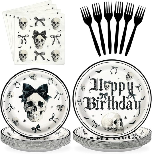 Grencian 96Pcs Gothic Birthday Party Supplies Goth Skeleton Birthday Paper Plates and Napkins Tableware Sets Black Bow Skull Decorations Favors for Kids Girls Halloween Horror Bday Party Serves 24