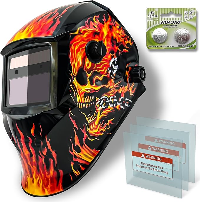 Flaming Skull Auto Darkening Welding Helmet,True Color Welder Mask with 1/1/1/1 Optical Clarity,Solar & Battery Powered Welding Hood for MIG TIG MMA Plasma Cutting,ANSI/CE/CSA
