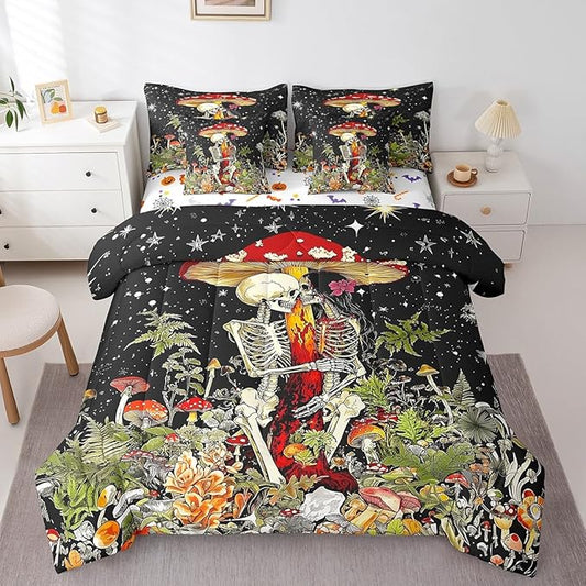 Erosebridal Gothic Skeleton Couple Full Bedding Set 7 Piece,Mushroom Skull Skeleton Comforter Set with Sheets,Kids Halloween Decor Horror Bed in a Bag with Fitted Sheet,Flat Sheet,Pillowcases
