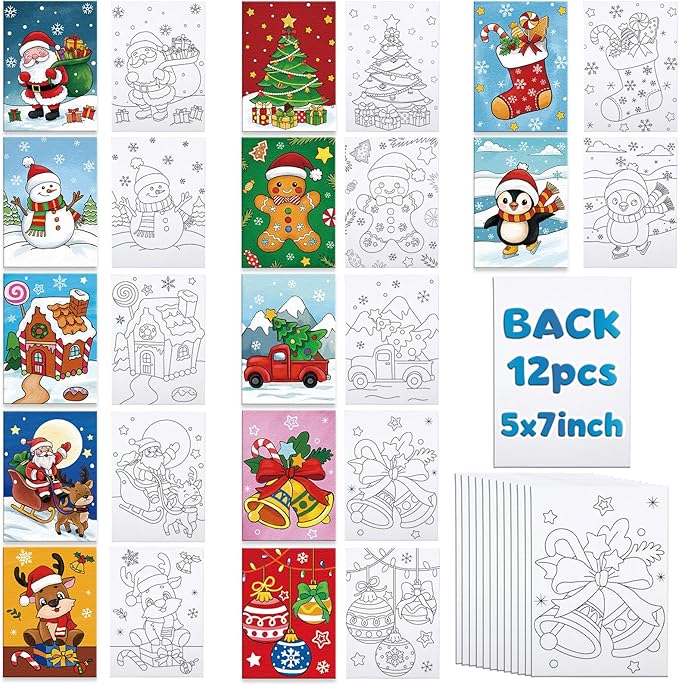 Louise Maelys Pre Drawn Canvas to Paint for Kids - 12 Pack Christmas Theme Pre-Stretched Canvas Panels (5x7 inch) Easy Paint Art Kit for Beginners,Unique Gifts
