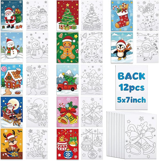 Louise Maelys Pre Drawn Canvas to Paint for Kids - 12 Pack Christmas Theme Pre-Stretched Canvas Panels (5x7 inch) Easy Paint Art Kit for Beginners,Unique Gifts