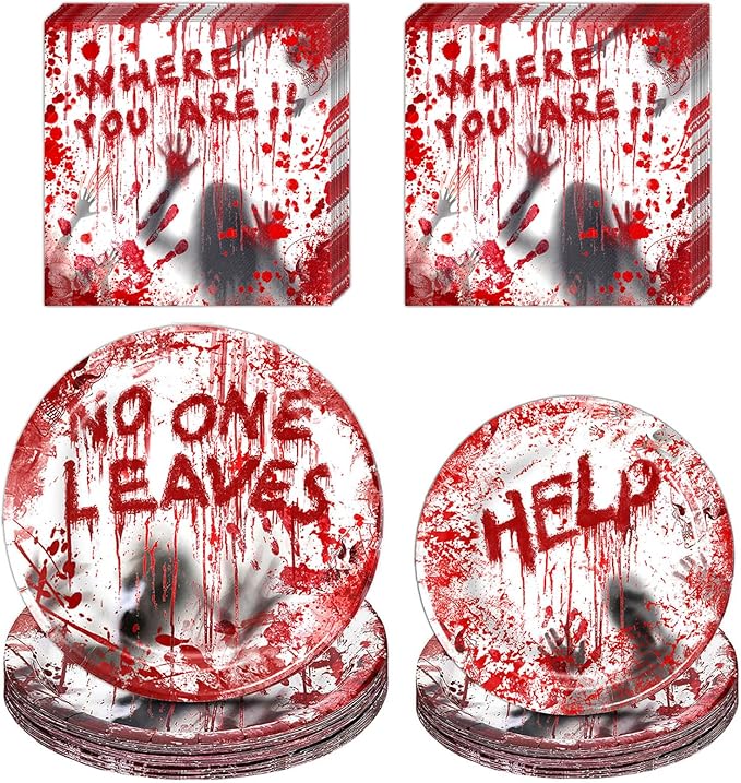 48Pcs Halloween Bloody Good Time Party Tableware Set: Including 24Pcs Halloween Napkins, 12Pcs 9" Plates and 12Pcs 7" Plates for the Halloween Zombie Skull Bloody Party Table Decorations