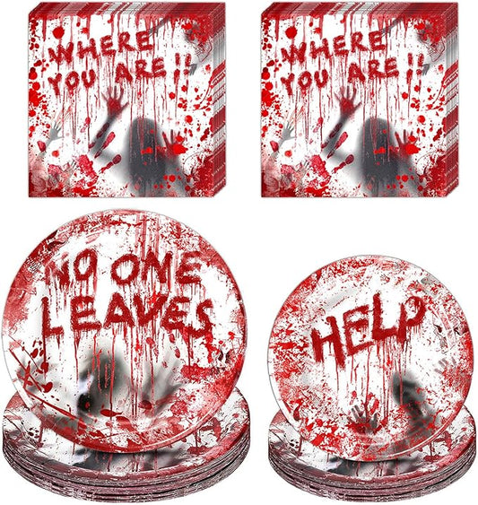 48Pcs Halloween Bloody Good Time Party Tableware Set: Including 24Pcs Halloween Napkins, 12Pcs 9" Plates and 12Pcs 7" Plates for the Halloween Zombie Skull Bloody Party Table Decorations