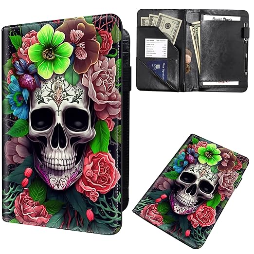 Server Book for Waitress, Waiter Book Server Wallet Fit Serving Aprons, PU Leather with Zipper and 7 Large Pockets Pen Holder for Checks Pen Holder Personal Organizer Wallet,Skull Pink Rose Flower