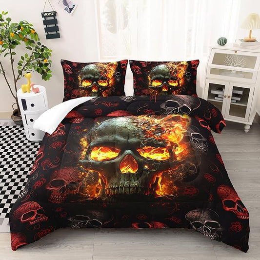AILONEN Fire Skull Bedding Set Full Size, 3D Skeleton Comforter Set Bedroom Decor Men,Fiery Style Black Tint Soft Breathable Bed in a Bag,3 Pieces,1 Quilt and 2 Pillowcases