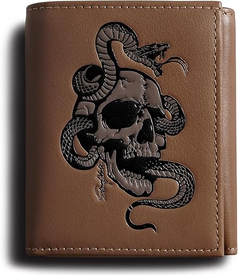 Small Trifold Wallets For Men Skull Mens Tri Fold Leather Wallet Brown Western Rfid Blocking Gifts For Him Husband (brown)