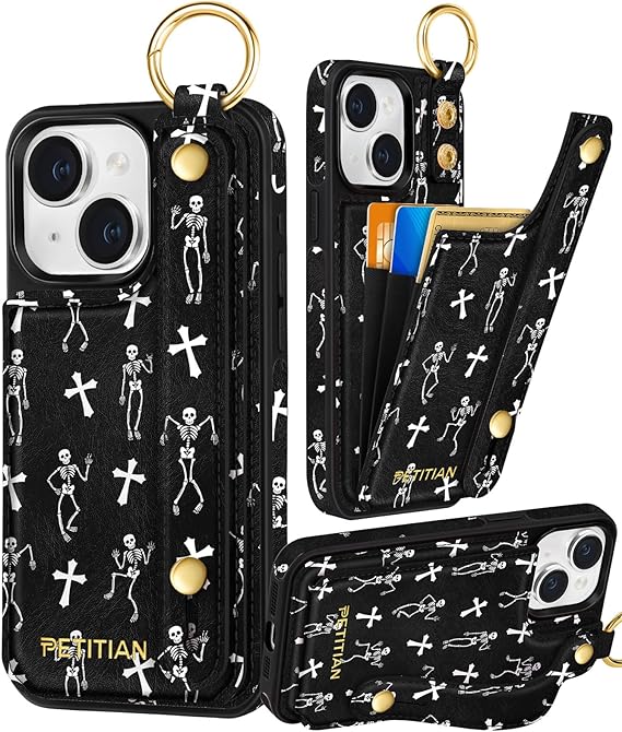Petitian for iPhone 14/13 Case with Wallet - Women Girls Cute Girly Aesthetic Unique Design Leather Credit Card Holder Cardholder Stand Wristband for iPhone 14/13, Skull