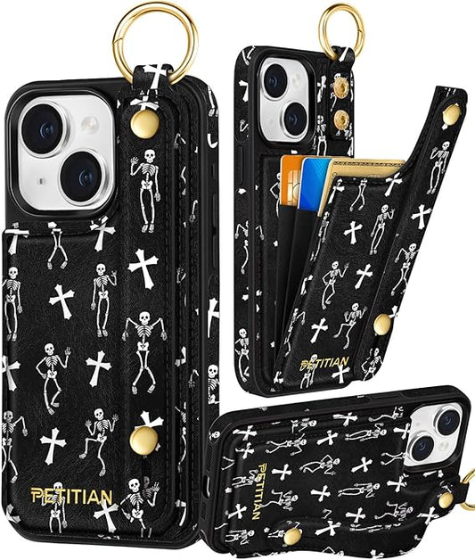 Petitian for iPhone 14/13 Case with Wallet - Women Girls Cute Girly Aesthetic Unique Design Leather Credit Card Holder Cardholder Stand Wristband for iPhone 14/13, Skull