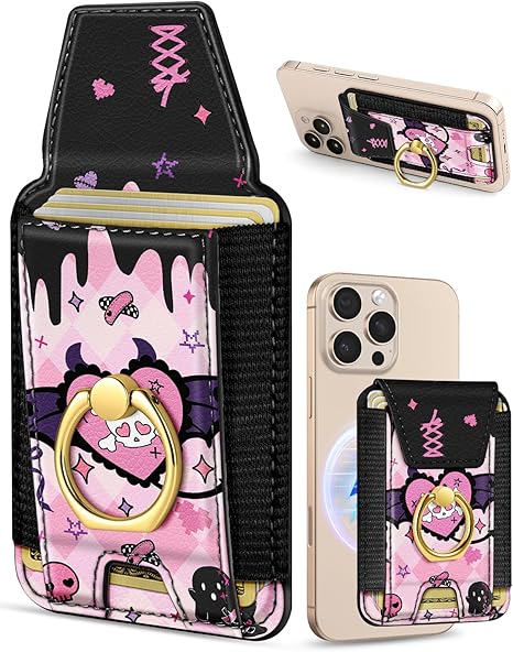 Shorogyt Compatible with Magsafe Wallet with Ring Stand Grip - Cute Magnetic Phone Wallets Card Holder for iPhone 17/16/15/14/13/12 Series for Women Girls Heart Skull Design, Fit 7 Cards