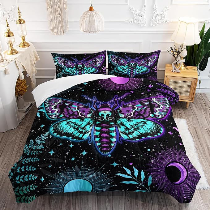 Ailonen Gothic Death Moth Comforter Set, Queen Size, 3-Piece Sun & Moon Bedding Set, Skull Moth Quilt & 2 Pillowcases