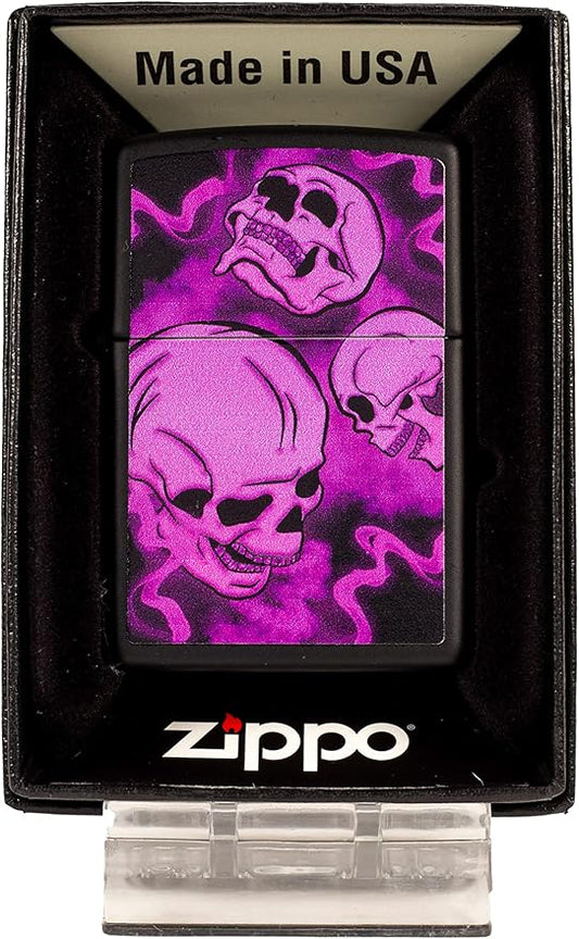 Purple Glowing Laughing Skulls - Black Matte Zippo Lighter