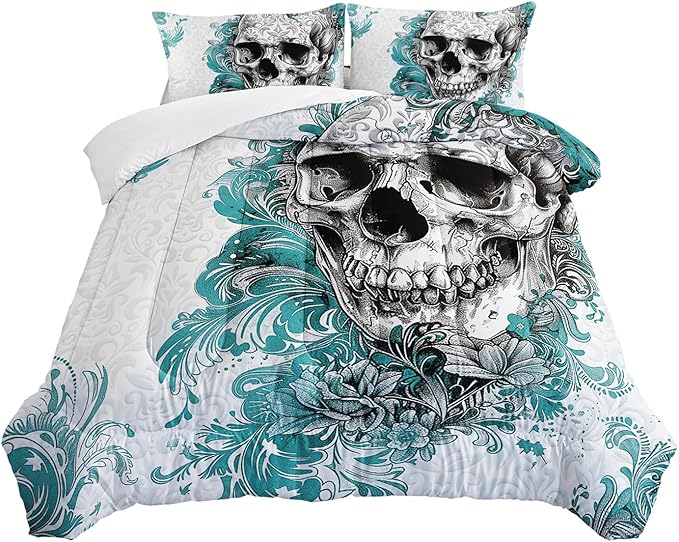 Blue Color Skull Comforter Set Twin Size，Gothic Fog Skull Skeleton Comforter Set Sugar Skull Comforter Set Blue Floral Bedding Set Gothic Skull Print with 1 Comforter Set with 2 Pillowcases