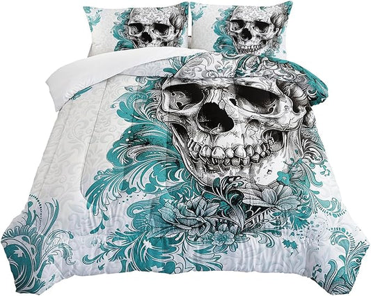 Blue Color Skull Comforter Set Twin Size，Gothic Fog Skull Skeleton Comforter Set Sugar Skull Comforter Set Blue Floral Bedding Set Gothic Skull Print with 1 Comforter Set with 2 Pillowcases