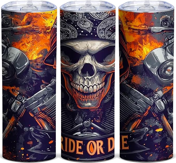 Ride or Die Skull Motorcycle Tumbler, 20oz Insulated Skinny Stainless Steel Travel Mug with Lid, Biker Dad Coffee Cup, Dirt Bike Gift for Men, Husband, Father