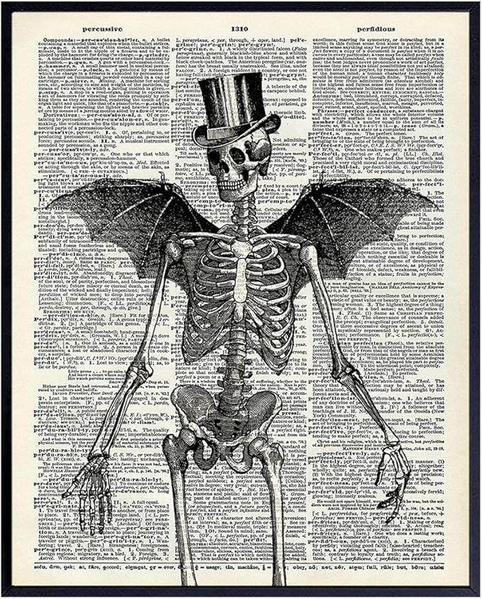 Skeleton Decor - Bat Wall Decor - Steampunk Decoration - Gothic Home Print Wall Art - Goth Room Picture - Gothic Gifts - Medieval Art - Creepy Scary Poster 8x10 - Halloween Decorations - Skull Picture