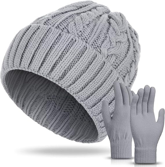 Womens Winter Beanie Hat Gloves Set Soft Knitted Lined Hat Stretchy Gloves Skull Warm Cap Gifts for Women